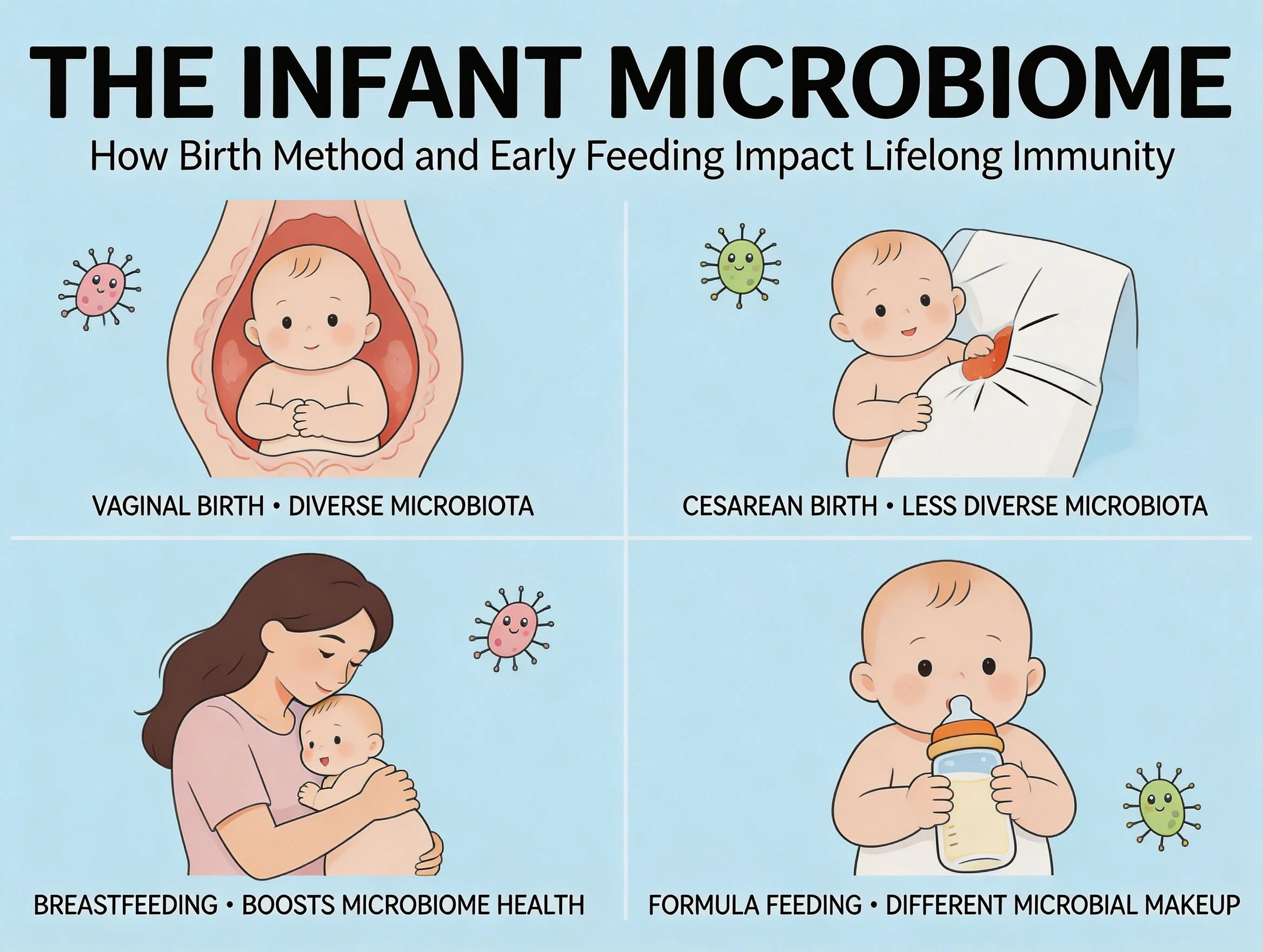 Infant microbiome birth method early feeding immunity.webp