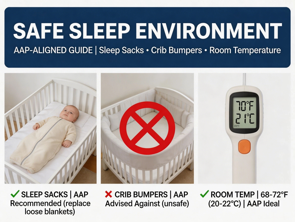 Safe Sleep Environment: AAP-Aligned Guide to Sleep Sacks, Crib Bumpers, and Room Temperature